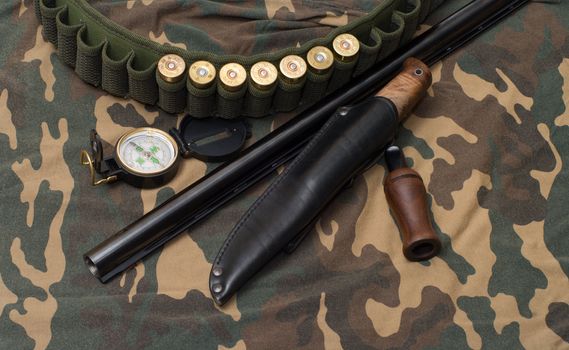 Subjects of the hunting ammunition on a camouflage fabric.