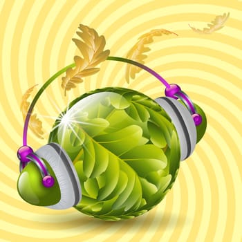 Sparkling ball with oak leaves as a symbol of a green planet earth with headphones listening to music of autumn