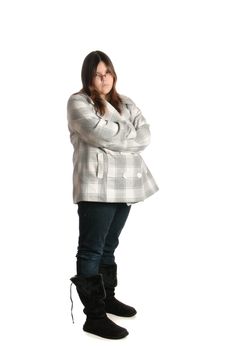 A full body view of a mad teenage girl, isolated against a white background