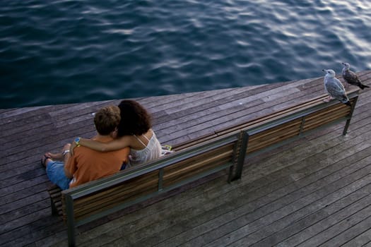 A couple on bench by sea, good lines in composition, and a bit of humor with the two seagulls.