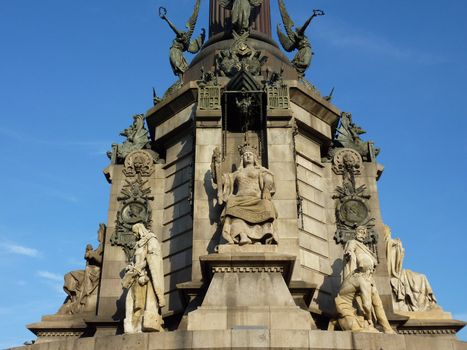 Sculptures at the base of Christopher Columbus memorial, Barcelona, Spain