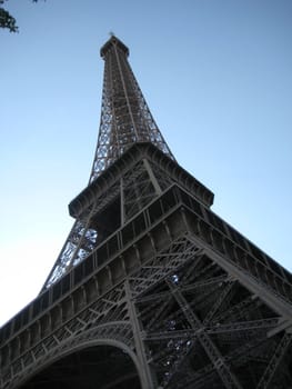 View of Eiffel Tower from ground looking up