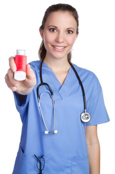 Beautiful nurse holding asthma inhaler
