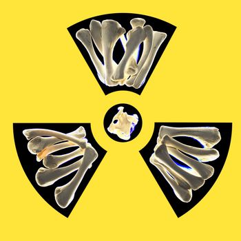 Radioactivity warning symbol with pale glowing bones