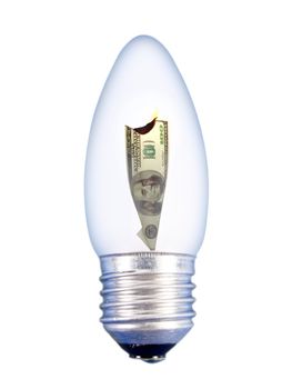The burning dollar in light bulb on the white background