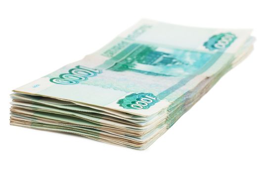 A bundle of one thousand rouble bills over white background