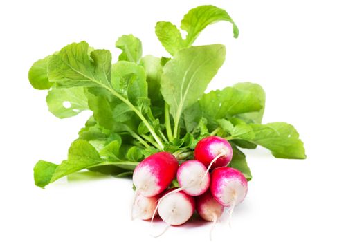 A bunch of fresh garden radishes over white background