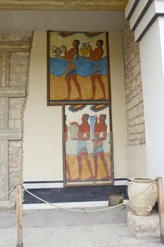 Fresco at the south entrance of the Palace of Knossos. It is the largest Bronze Age archaeological site on Crete. 