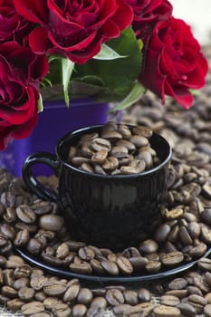 coffee beans and red roses