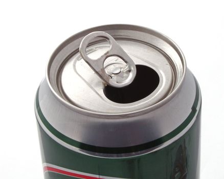 Top of an open drink can over a white background .