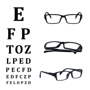 Eye glasses with eye chart isolated on white background without shadow. Clipping paths . 