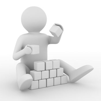child plays cubes on white. Isolated 3D image