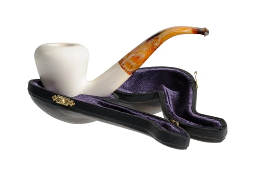 Tobacco pipe from meerschaum on a stand. Isolated on white.