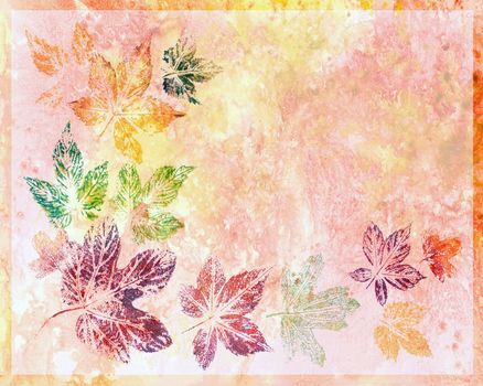 Abstract background, watercolor: leaves, painted on a paper. Pink, red, orange, yellow, green,