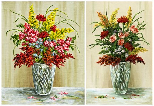 Flowers, bouquet of in a crystal vase. Picture oil paints on a canvas, set