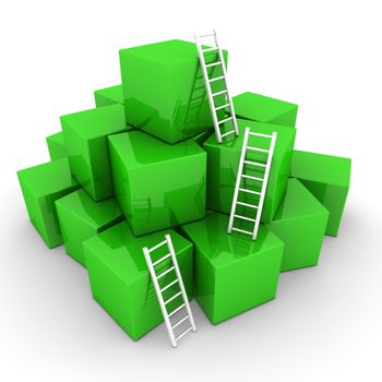 a pile of shiny green boxes - three bright white ladders are used to climb to the top