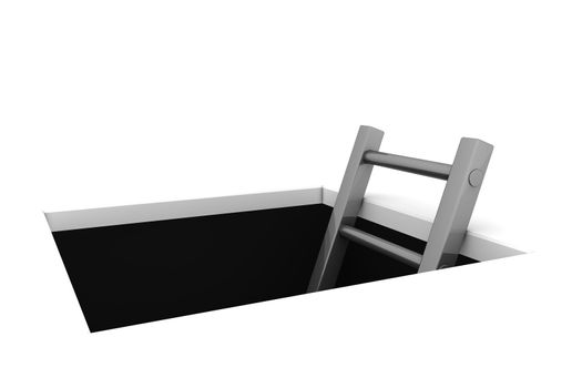 a rectangle hole in the white ground - metallic grey ladder to climb out