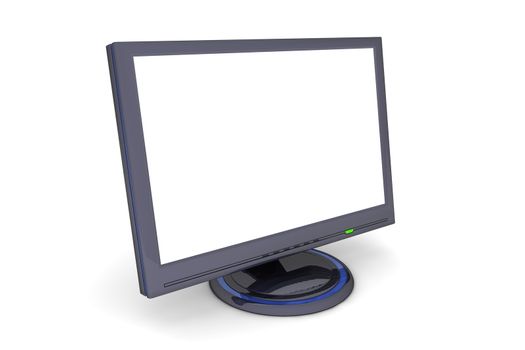 black glossy flat screen lcd computer monitor with a white desktop, green status led and blue decoration - angular view