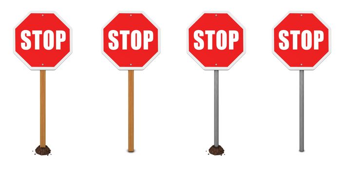 stop sign with four different posts - wood and metal - with, without mound of earth