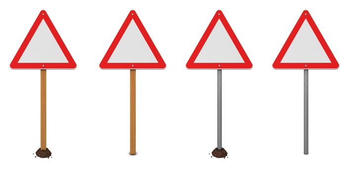triangular warning sign with four different posts - wood and metal - with, without mound of earth