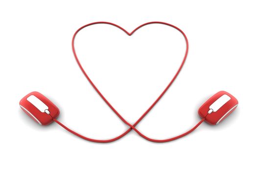 two red computer mice are connected via a red heart shaped cable to express love and affection - happy valentines day