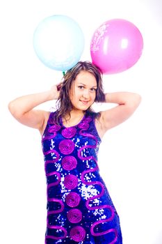 Woman with ballons in studio isolated on white