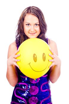 Woman with ballons in studio isolated on white