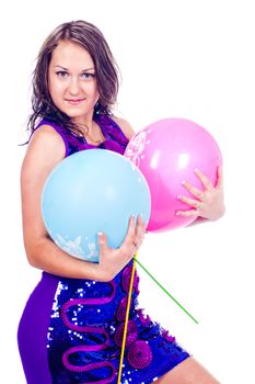 Woman with ballons in studio isolated on white