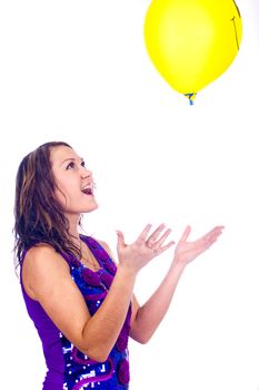 Woman with ballons in studio isolated on white