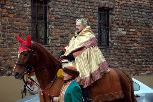 WROCLAW, POLAND - January 6: Epiphany holiday in Christian religion. Traditional procession, reconstruction of visit of the Magi to the infant Jesus on January 6, 2011.