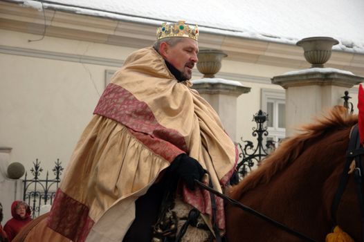 WROCLAW, POLAND - January 6: Epiphany holiday in Christian religion. Traditional procession, reconstruction of visit of the Magi to the infant Jesus on January 6, 2011.