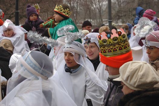WROCLAW, POLAND - January 6: Epiphany holiday in Christian religion. Traditional procession, reconstruction of visit of the Magi to the infant Jesus on January 6, 2011.