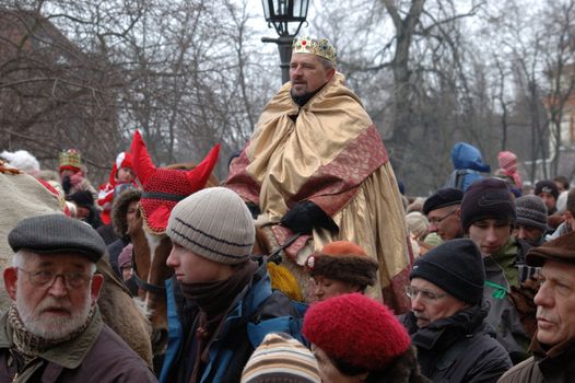 WROCLAW, POLAND - January 6: Epiphany holiday in Christian religion. Traditional procession, reconstruction of visit of the Magi to the infant Jesus on January 6, 2011.
