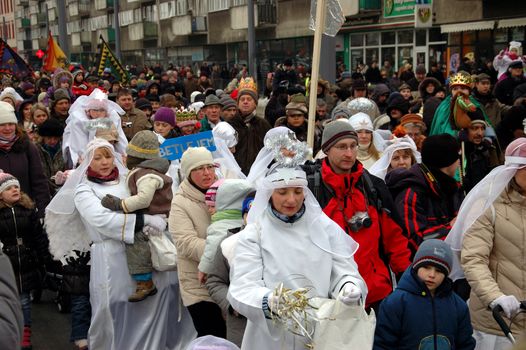 WROCLAW, POLAND - January 6: Epiphany holiday in Christian religion. Traditional procession, reconstruction of visit of the Magi to the infant Jesus on January 6, 2011.