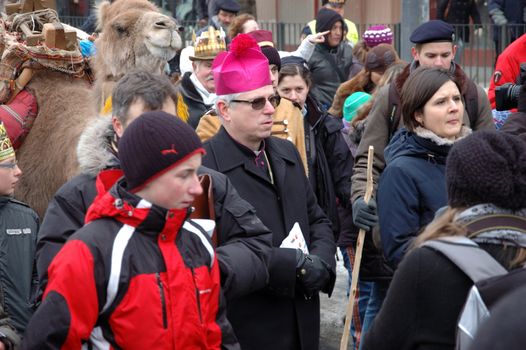 WROCLAW, POLAND - January 6: Epiphany holiday in Christian religion. Traditional procession, reconstruction of visit of the Magi to the infant Jesus on January 6, 2011.