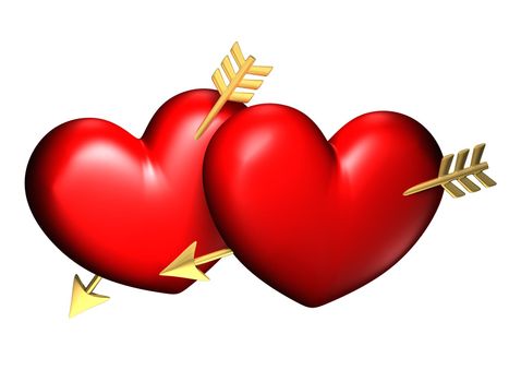 Two big red and chubby hearts with golden arrows