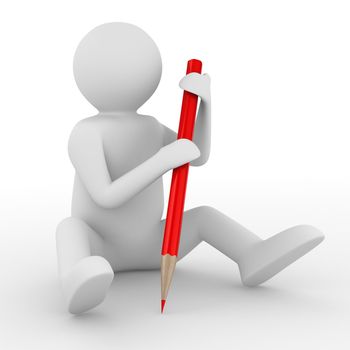 Man with pencil on white background. Isolated 3D image