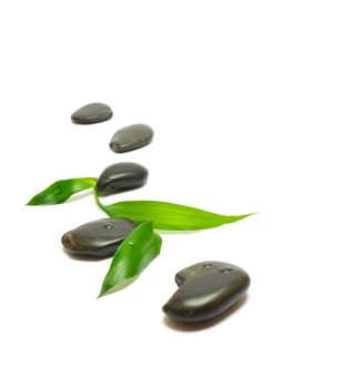 Black stones and bamboo leaf isolated on white