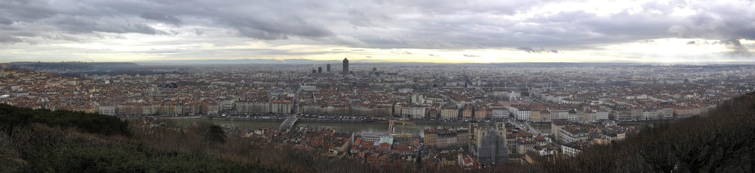 Panoramic view of Lyon city during a cloudy day