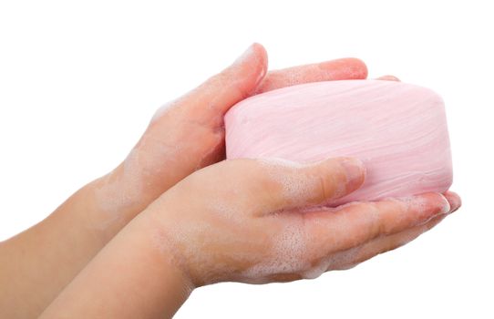 soap in child's hands, isolated on white