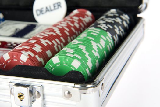 an aluminium poker suitcase on white