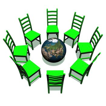 Green chairs for a meeting around earth in white background