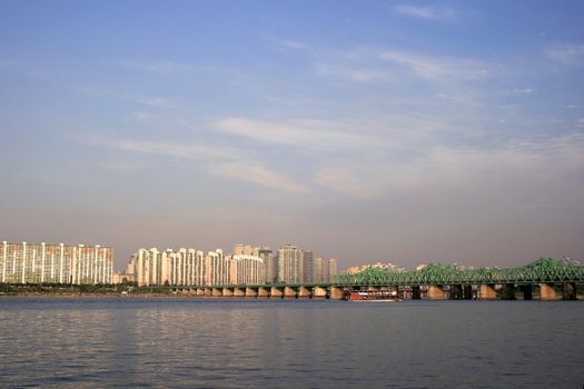 Dusk at Han River in Seoul Korea with crowd