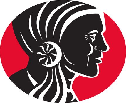 illustration of a native American Indian chief facing side  view set inside circle done in retro style