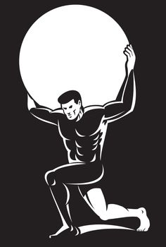 illustration of atlas lifting sphere ball on shoulders on black background.