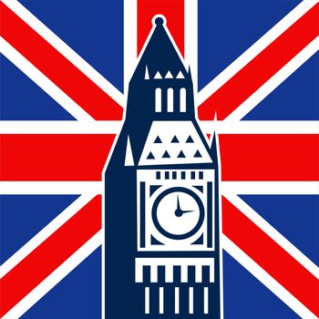 illustration of a an icon with Great Britain  British Union Jack flag and Big Ben Clock Bell Tower