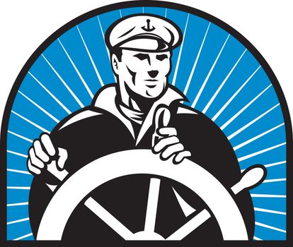 illustration of a ship captain helmsman sailor at the helm steering wheel facing front with sunburst in background