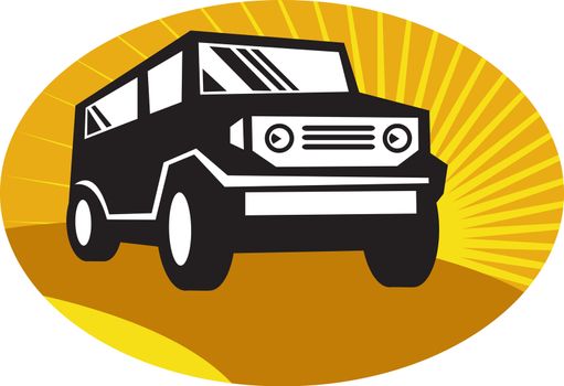 illustration of a a car sports utility vehicle suv on the road set inside oval with sunburst in background.