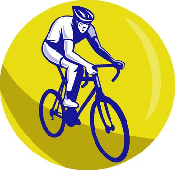 illustration of a Cyclist riding racing bike set inside circle viewed from front done in retro woodcut style.