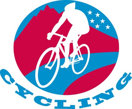 illustration of a Cyclist riding racing bike set inside oval with road mountains and stars and words "cycling"